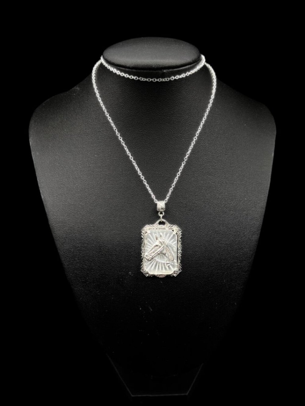 SOLD Vintage Art Deco Revival Pewter and Camphor Glass Horse Pendant Necklace